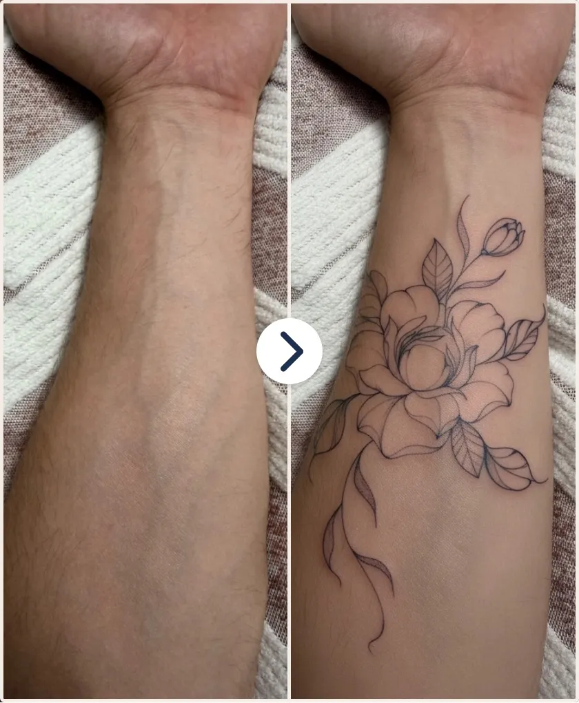 Voor en na van de AI try-on: links een blote onderarm, rechts dezelfde arm met een fine line bloementattoo als AI-preview